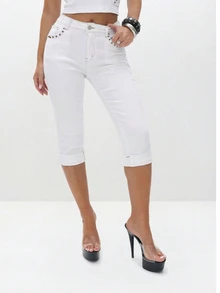 BABYPHAT Celana Jeans Capri Denim Putih Stretch Wanita dengan Lipatan di Bagian Bawah dan Detail Bordir Kucing, Celana Pendek Pinggang Tinggi untuk Musim Panas - Putih - View 5