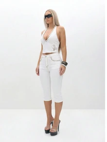 BABYPHAT Celana Jeans Capri Denim Putih Stretch Wanita dengan Lipatan di Bagian Bawah dan Detail Bordir Kucing, Celana Pendek Pinggang Tinggi untuk Musim Panas - Putih - View 4