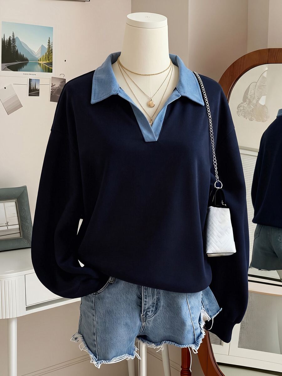 INAWLY Women's Colorblock Lapel Long Sleeve Casual Loose Sweatshirt - Navy Blue - View 1