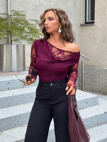 Jeta Ari Asymmetric Lace Patchwork Sheer Bodysuit, Sexy Lace Bodysuit For Summer - Maroon - View 1