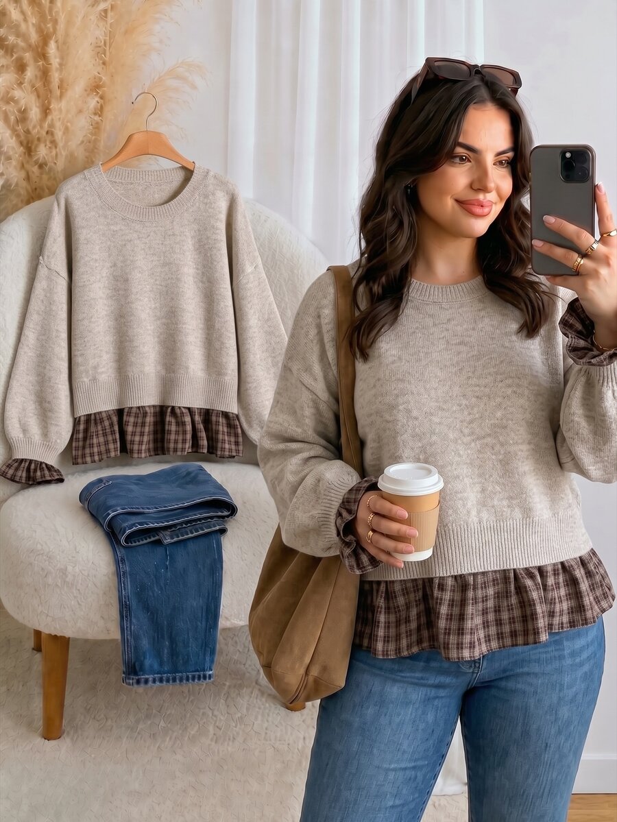CosyJoli Sweater Bahu Longgar Motif Kotak-kotak Abu-abu Plus Formal untuk Guru Musim Gugur Kasual Tradisional Musim Dingin