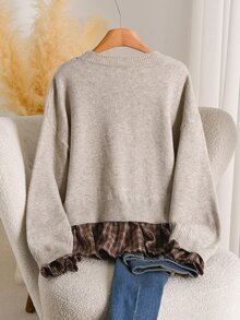 CosyJoli Sweater Bahu Longgar Motif Kotak-kotak Abu-abu Plus Formal untuk Guru Musim Gugur Kasual Tradisional Musim Dingin - Light Grey - View 5