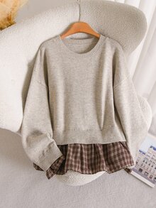 CosyJoli Sweater Bahu Longgar Motif Kotak-kotak Abu-abu Plus Formal untuk Guru Musim Gugur Kasual Tradisional Musim Dingin - Light Grey - View 3