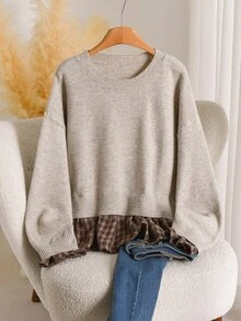 CosyJoli Sweater Bahu Longgar Motif Kotak-kotak Abu-abu Plus Formal untuk Guru Musim Gugur Kasual Tradisional Musim Dingin - Light Grey - View 7