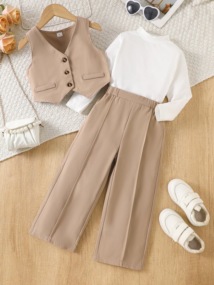 SHEIN Young Girls 4-7Y 3pcs Suit Vest, Long Sleeve Top & Wide Leg Pants Set, Elegant Preppy Old Money Spring Fall Outfits For School Party Formal Wedding - Khaki - View 4