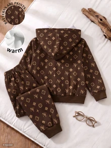 Baby Boys Clothes NY Monogram Geometric Print Zip Up Hoodie Jacket And Jogger Pants Set Fall Winter Outerwear Tracksuit 2Pcs Outfit Brown - Multicolor - View 2