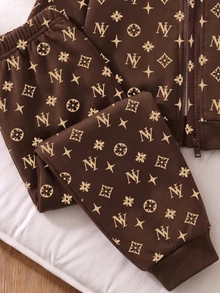 Baby Boys Clothes NY Monogram Geometric Print Zip Up Hoodie Jacket And Jogger Pants Set Fall Winter Outerwear Tracksuit 2Pcs Outfit Brown - Multicolor - View 4
