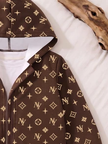 Baby Boys Clothes NY Monogram Geometric Print Zip Up Hoodie Jacket And Jogger Pants Set Fall Winter Outerwear Tracksuit 2Pcs Outfit Brown - Multicolor - View 5