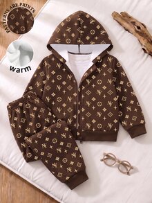 Baby Boys Clothes NY Monogram Geometric Print Zip Up Hoodie Jacket And Jogger Pants Set Fall Winter Outerwear Tracksuit 2Pcs Outfit Brown - Multicolor - View 3