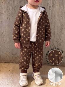 Baby Boys Clothes NY Monogram Geometric Print Zip Up Hoodie Jacket And Jogger Pants Set Fall Winter Outerwear Tracksuit 2Pcs Outfit Brown - Multicolor - View 1