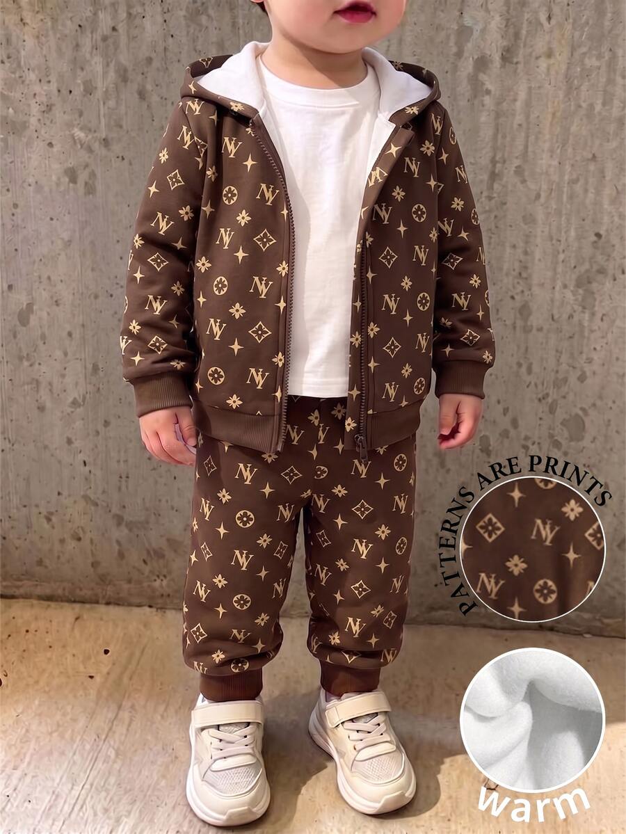 Baby Boys Clothes NY Monogram Geometric Print Zip Up Hoodie Jacket And Jogger Pants Set Fall Winter Outerwear Tracksuit 2Pcs Outfit Brown - Multicolor - View 1