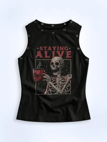 Y2Kool Eduely Women's Fashionable Street Casual Graphic Print Grommet Detail Sleeveless Top, Summer Snap Button Top Graphic Top Athletic Top Party Top Grey Graphic Tank Top Metal Eyelet Top Matching Idea Stylish Clothing Collection New Year Outfits Gyaru Cotton - Black - View 1