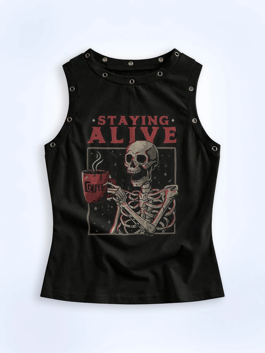 Y2Kool Eduely Women's Fashionable Street Casual Graphic Print Grommet Detail Sleeveless Top, Summer Snap Button Top Graphic Top Athletic Top Party Top Grey Graphic Tank Top Metal Eyelet Top Matching Idea Stylish Clothing Collection New Year Outfits Gyaru Cotton - Black - View 1