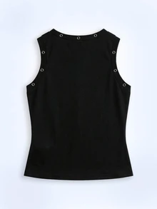 Y2Kool Eduely Women's Fashionable Street Casual Graphic Print Grommet Detail Sleeveless Top, Summer Snap Button Top Graphic Top Athletic Top Party Top Grey Graphic Tank Top Metal Eyelet Top Matching Idea Stylish Clothing Collection New Year Outfits Gyaru Cotton - Black - View 2
