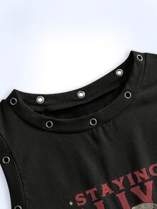 Y2Kool Eduely Women's Fashionable Street Casual Graphic Print Grommet Detail Sleeveless Top, Summer Snap Button Top Graphic Top Athletic Top Party Top Grey Graphic Tank Top Metal Eyelet Top Matching Idea Stylish Clothing Collection New Year Outfits Gyaru Cotton - Black - View 4