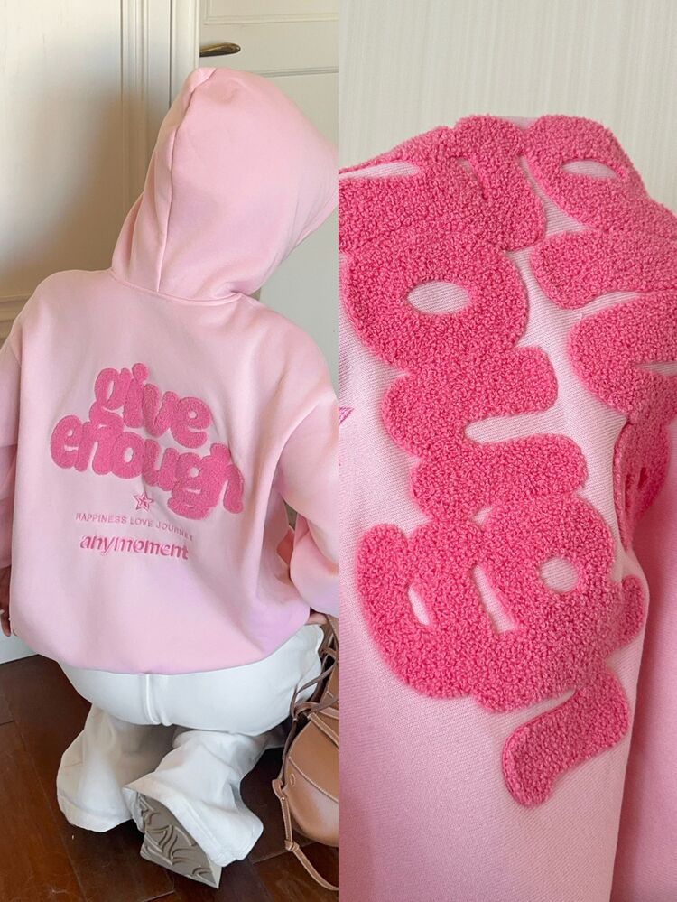 CovetEZ Women's Letter Print Casual Daily Hooded Sweatshirt - Pink - View 2