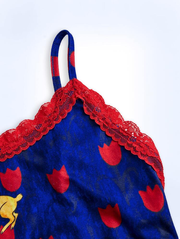 Y2Kool Maria Clara Maia Blue & Red Color-Block Rabbit Rose Easter Y2K Street Fashion Casual Women's Lace Patchwork Two-Piece Set, Suitable For Autumn And Winter Home, Party, Vacation, Holiday, And Daily Outfits - Blue - View 3