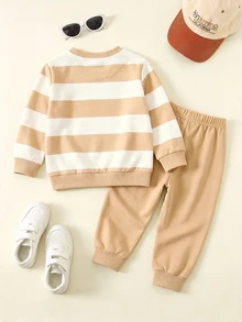 SHEIN 1 Random Set:Baby Boy Fall Clothes, Cute Striped Cartoon Bear Print Long Sleeve Sweatshirt & Jogger Pants Outfits, Casual Crew Neck Sweatsuit Set - Multicolor - View 2