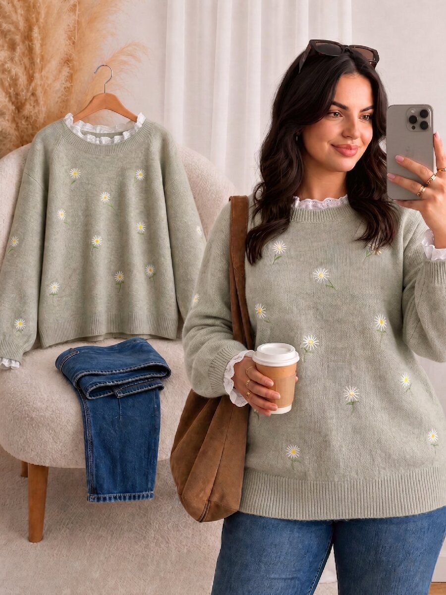 CosyJoli Pullover Rajut Wanita Ukuran Plus Elegan Gaya Prancis Kasual dengan Hiasan Ruffle Daisy untuk Musim Gugur/Dingin, Serbaguna, dan Bordir Mesin.