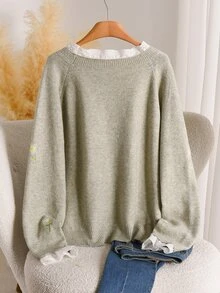 CosyJoli Pullover Rajut Wanita Ukuran Plus Elegan Gaya Prancis Kasual dengan Hiasan Ruffle Daisy untuk Musim Gugur/Dingin, Serbaguna, dan Bordir Mesin. - Olive Green - View 4