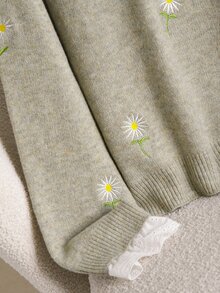CosyJoli Pullover Rajut Wanita Ukuran Plus Elegan Gaya Prancis Kasual dengan Hiasan Ruffle Daisy untuk Musim Gugur/Dingin, Serbaguna, dan Bordir Mesin. - Olive Green - View 5