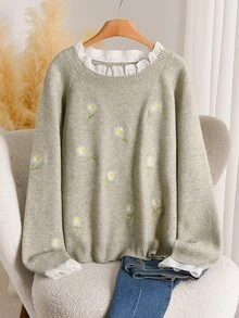 CosyJoli Pullover Rajut Wanita Ukuran Plus Elegan Gaya Prancis Kasual dengan Hiasan Ruffle Daisy untuk Musim Gugur/Dingin, Serbaguna, dan Bordir Mesin. - Olive Green - View 7