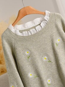CosyJoli Pullover Rajut Wanita Ukuran Plus Elegan Gaya Prancis Kasual dengan Hiasan Ruffle Daisy untuk Musim Gugur/Dingin, Serbaguna, dan Bordir Mesin. - Olive Green - View 6