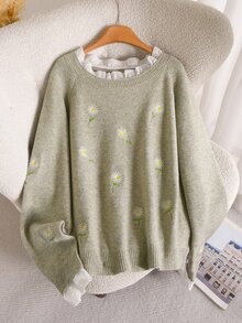 CosyJoli Pullover Rajut Wanita Ukuran Plus Elegan Gaya Prancis Kasual dengan Hiasan Ruffle Daisy untuk Musim Gugur/Dingin, Serbaguna, dan Bordir Mesin. - Olive Green - View 3