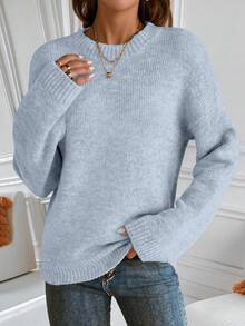 SHEIN 新款升級加厚女款秋冬極簡藍灰色圓領落肩長袖針織套頭毛衣，適合日常通勤、度假、休閒、約會與聚會 - 灰色 - 查看 8
