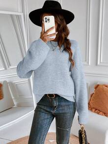 SHEIN 新款升級加厚女款秋冬極簡藍灰色圓領落肩長袖針織套頭毛衣，適合日常通勤、度假、休閒、約會與聚會 - 灰色 - 查看 6