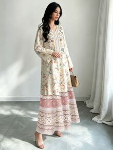 SHEIN Najma 花卉植物冬季優雅端莊休閒長洋裝，適用派對、正式場合、早晨約會、夜晚特別場合與晚間活動，米色 - 彩色 - 查看 3