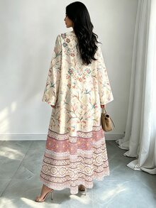 SHEIN Najma 花卉植物冬季優雅端莊休閒長洋裝，適用派對、正式場合、早晨約會、夜晚特別場合與晚間活動，米色 - 彩色 - 查看 2