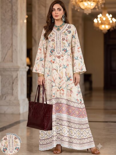 SHEIN Najma 花卉植物冬季優雅端莊休閒長洋裝，適用派對、正式場合、早晨約會、夜晚特別場合與晚間活動，米色