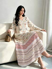 SHEIN Najma 花卉植物冬季優雅端莊休閒長洋裝，適用派對、正式場合、早晨約會、夜晚特別場合與晚間活動，米色 - 彩色 - 查看 4