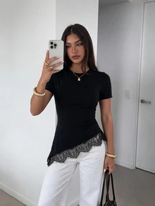Siren Gaze Women's Lace Patchwork Casual Simple Elegant Versatile Daily Wear Going Out Knit Top Brunch Night Out Black Summer - Black - View 1