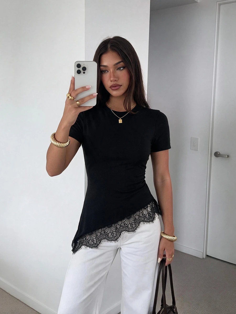 Siren Gaze Women's Lace Patchwork Casual Simple Elegant Versatile Daily Wear Going Out Knit Top Brunch Night Out Black Summer - Black - View 1
