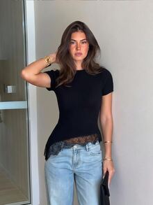 Siren Gaze Women's Lace Patchwork Casual Simple Elegant Versatile Daily Wear Going Out Knit Top Brunch Night Out Black Summer - Black - View 3
