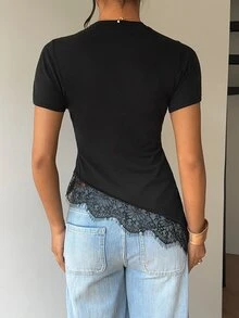 Siren Gaze Women's Lace Patchwork Casual Simple Elegant Versatile Daily Wear Going Out Knit Top Brunch Night Out Black Summer - Black - View 8