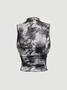SHEIN MOD Plus-Size Retro Print Turtleneck Fitted Top, Black And White, Romantic, Oil Painting Style Print, Perfect For Holidays, Afternoon Tea, - Black - View 2