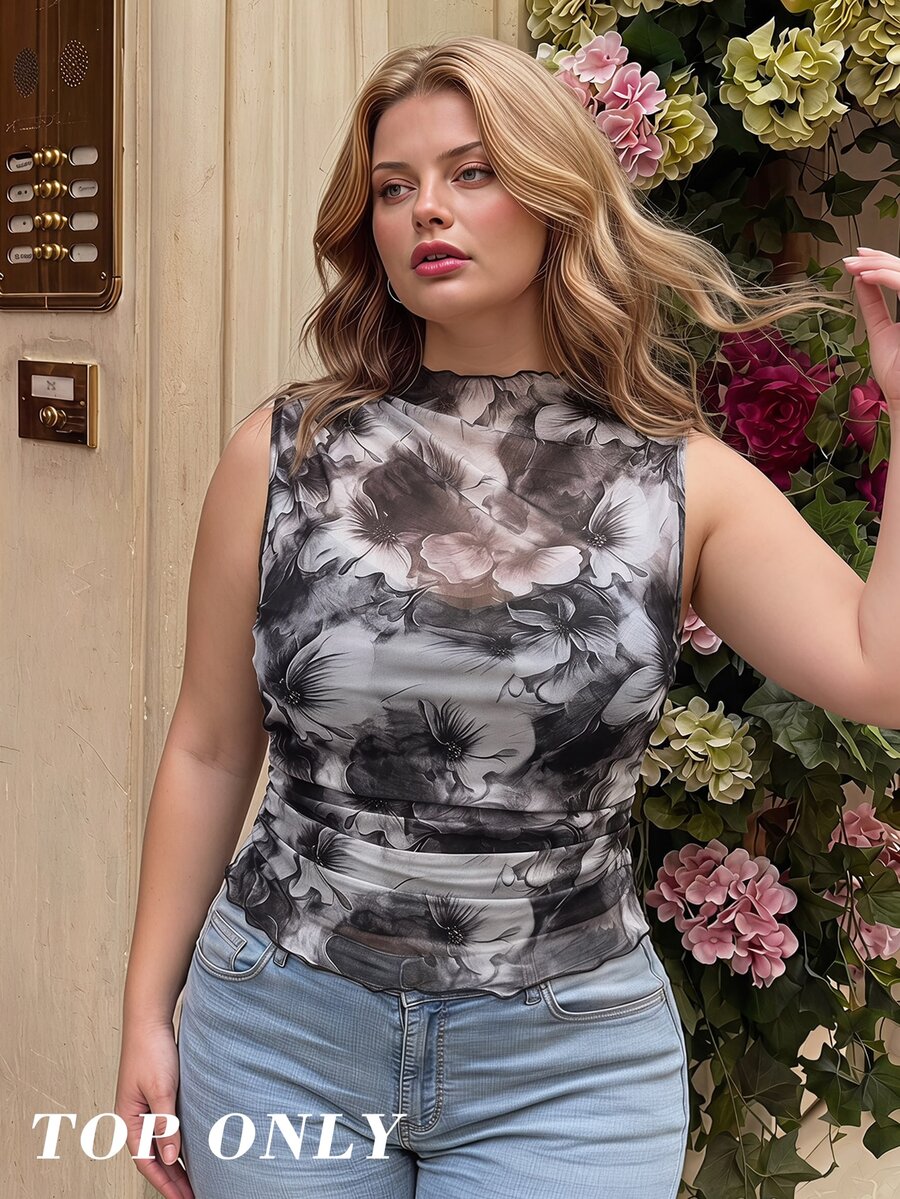 SHEIN MOD Plus-Size Retro Print Turtleneck Fitted Top, Black And White, Romantic, Oil Painting Style Print, Perfect For Holidays, Afternoon Tea, - Black - View 1