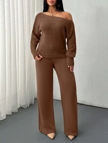 SHEIN Petite Size Women Solid Color Hollow Out Detailed Shades Of Brown Casual Lounge Autumn - Brown - View 8