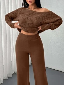 SHEIN Petite Size Women Solid Color Hollow Out Detailed Shades Of Brown Casual Lounge Autumn - Brown - View 6