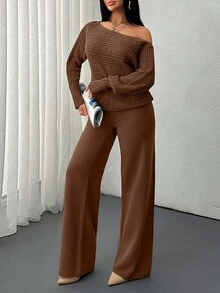SHEIN Petite Size Women Solid Color Hollow Out Detailed Shades Of Brown Casual Lounge Autumn - Brown - View 7