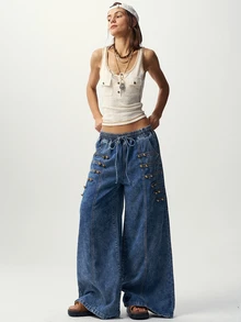 Bohemela 秋季拿破崙軍裝風復古 90s 街頭風 2000s 70s 休閒雙排扣梭織水洗丹寧寬腿女款牛仔褲 派對藍 - 藍色 - 查看 8