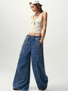 Bohemela 秋季拿破崙軍裝風復古 90s 街頭風 2000s 70s 休閒雙排扣梭織水洗丹寧寬腿女款牛仔褲 派對藍 - 藍色 - 查看 6
