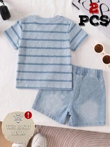 SHEIN Baby Boys Striped Cartoon Bear Print Crew Neck Short Sleeve Tee Shirt And Denim Effect Shorts 2pcs Set Casual Summer Outfits - Multicolor - View 2