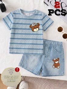 SHEIN Baby Boys Striped Cartoon Bear Print Crew Neck Short Sleeve Tee Shirt And Denim Effect Shorts 2pcs Set Casual Summer Outfits - Multicolor - View 4