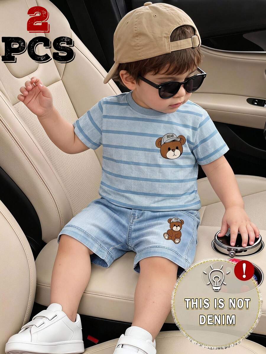 SHEIN Baby Boys Striped Cartoon Bear Print Crew Neck Short Sleeve Tee Shirt And Denim Effect Shorts 2pcs Set Casual Summer Outfits - Multicolor - View 1
