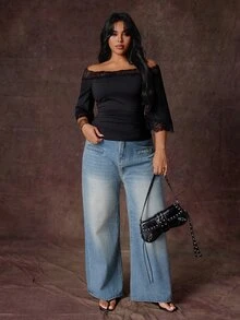 Rustia Kaos Ukuran Besar Warna Polos Seksi Model Off-Shoulder dengan Patchwork Renda dan Pinggang Berkerut, Lengan Lonceng 3/4 - Hitam - View 8