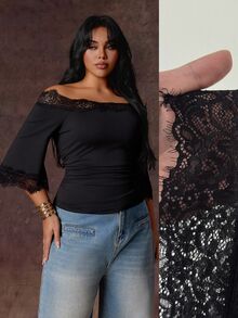 Rustia Kaos Ukuran Besar Warna Polos Seksi Model Off-Shoulder dengan Patchwork Renda dan Pinggang Berkerut, Lengan Lonceng 3/4 - Hitam - View 5